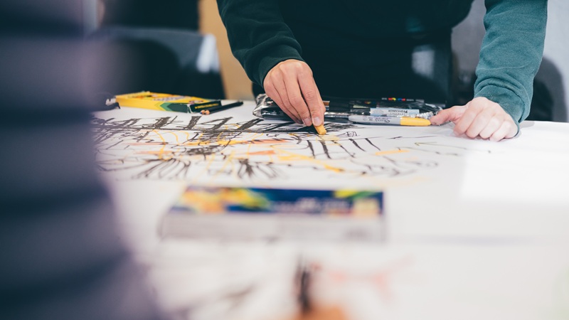 Students creating artworks