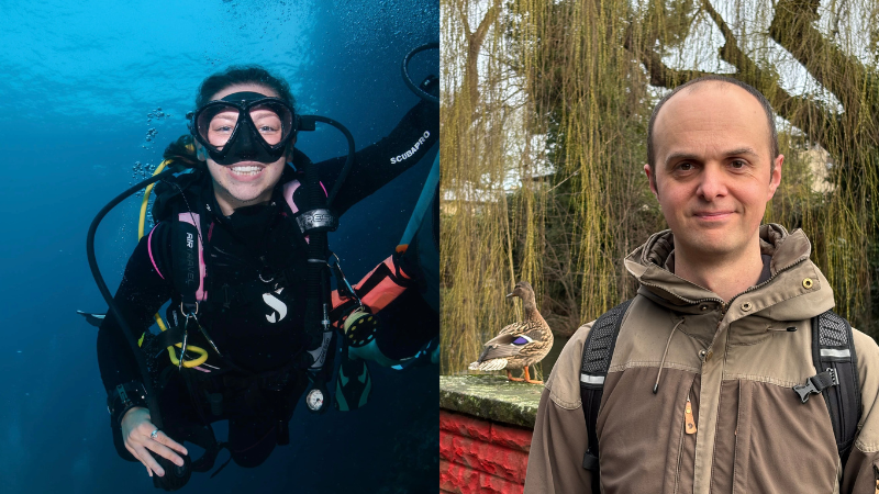 Split image of Sasha scuba diving underwater and Adam standing outdoors beside a duck, shortlisted for a CIEEM award.
