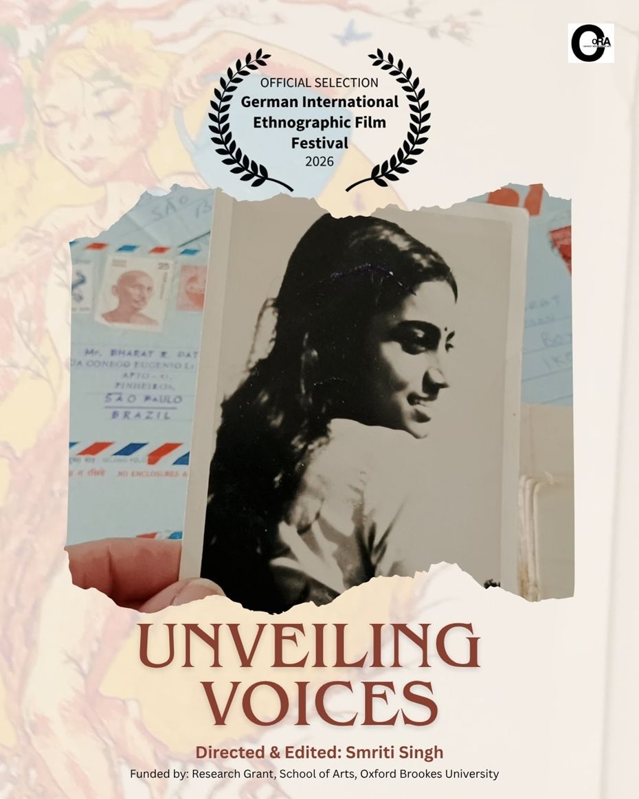 Poster for Unveiling Voices featuring a black and white portrait of a woman and an official selection badge for the German International Ethnographic Film Festival 2026.