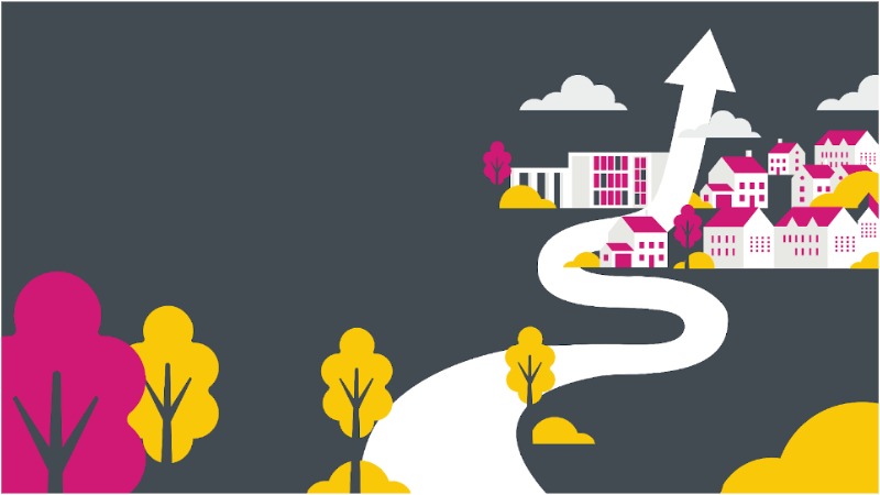 Roadmap image - road becoming an arrow leading through trees and campus buildings then pointing to the sky