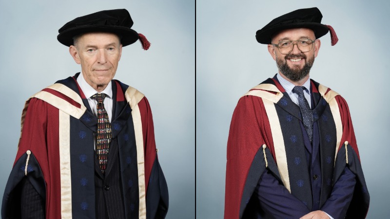 Honorary Graduates Judge Peter Devlin and Andy Holland in academic dress