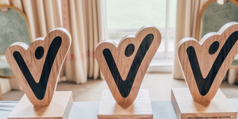 line of wooden award trophies shaped in a V with a small dot near the top to make it look like a person