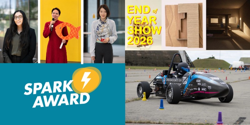 Collage of images showing a summer of student success with students, Formula Student racing car, Architecture end of year show poster and Spark Award logo