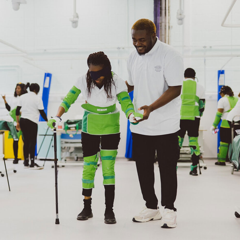 Mental Health Nursing second year students using disability impairment equipment. Our Mental Health simulation is sector leading and contributing to the evidence base in this field. Simulation is often used for interprofessional experiences and for Mental Health Nursing this involves medical students and psychiatrists from the University of Oxford.
