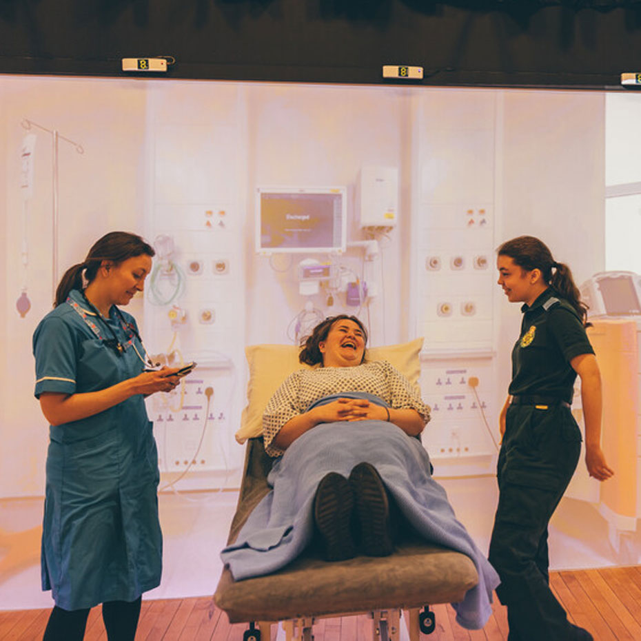 Simulation learning experience in the immersive space at Oxford- these are also used with actors and service users for interprofessional learning days.
