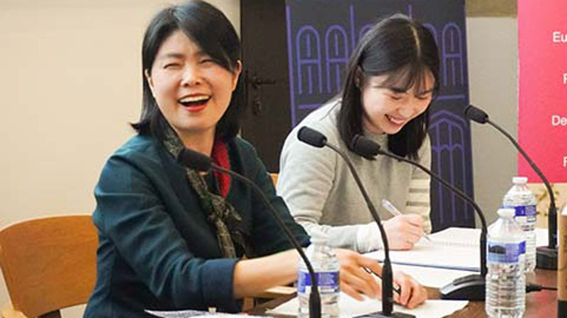 Lu Min at the Oxford Literary Festival 2024 with Interpreter Xiangzhen He (Cherry)