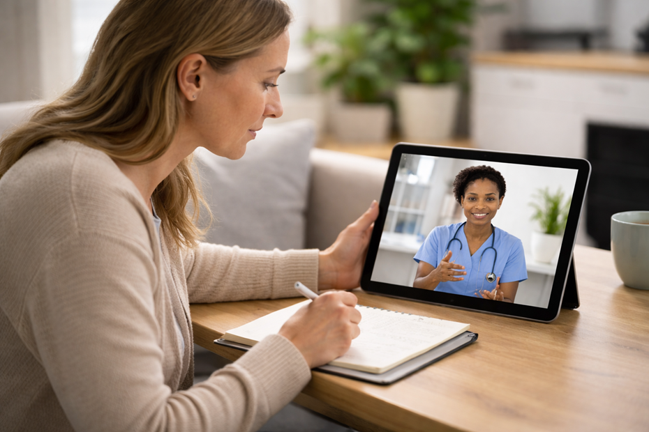 A woman sits at a wooden table in a bright living room, taking notes in a notebook while attending a live telehealth session on a tablet showing a healthcare professional in scrubs speaking to her on 