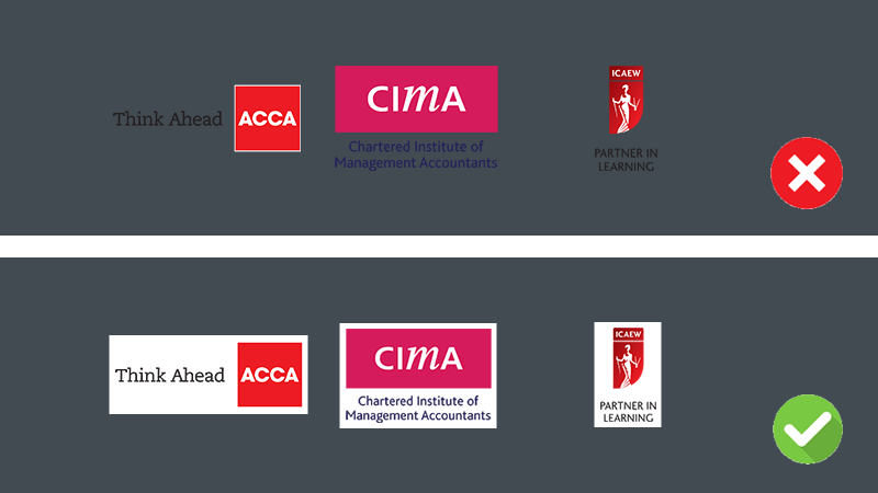 Examples of accreditation logos with dark text on a dark background and dark text on a white background