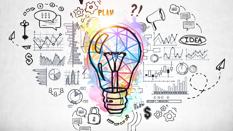 graphic of a lightbulb and symbols and icons to do with commerce and public engagement
