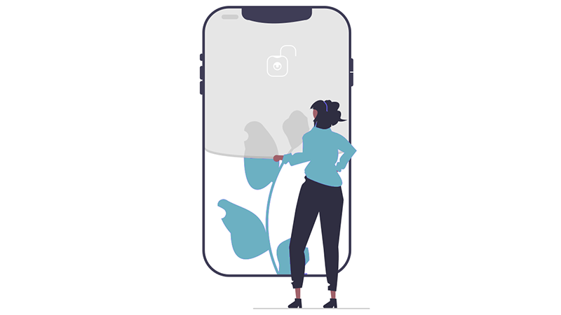 Decorative cartoon of a person standing in front of an enlarged phone screen