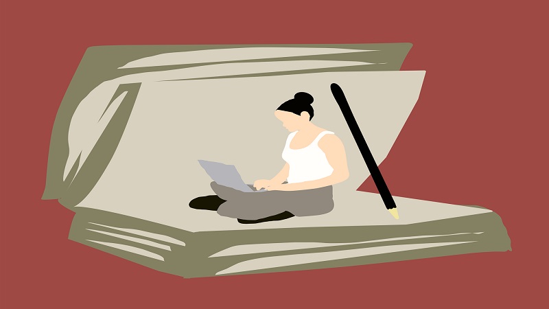 illustration of woman using a laptop inside giant open book