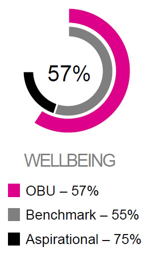 Wellbeing - OBU 57%, Benchmark 55%, Aspirational 75%