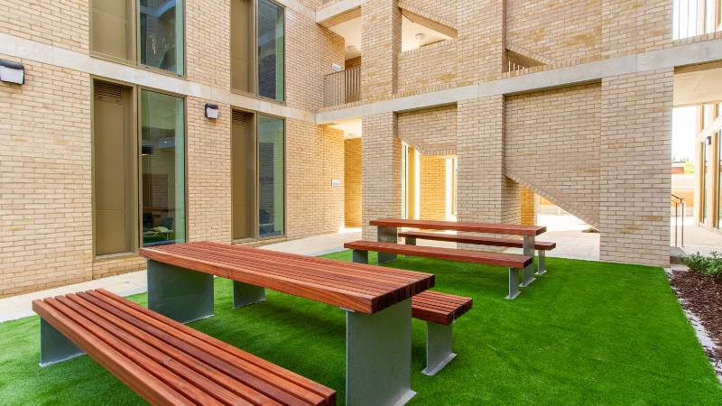 Outdoors courtyard with seating
