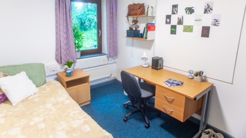 Bedroom view from the other side showing desk, shelving and pinboard