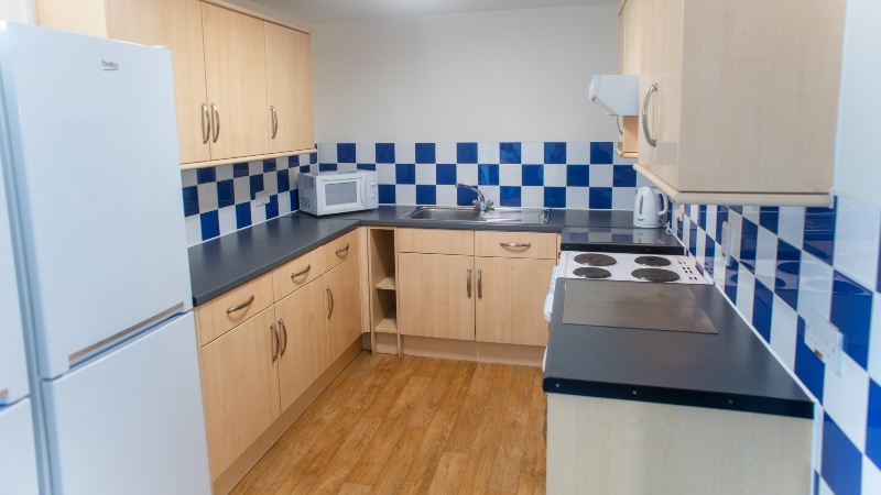 U shaped kitchen with kitchen cabinets, oven, fridge freezer and microwave. Blue and white checkered tile splash back.