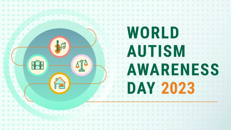 Graphic featuring the text "World Autism Awareness Day 2023" and a series of icons depicting this year's themes of autistic people's contributions at home, at work, in the arts and in policymaking