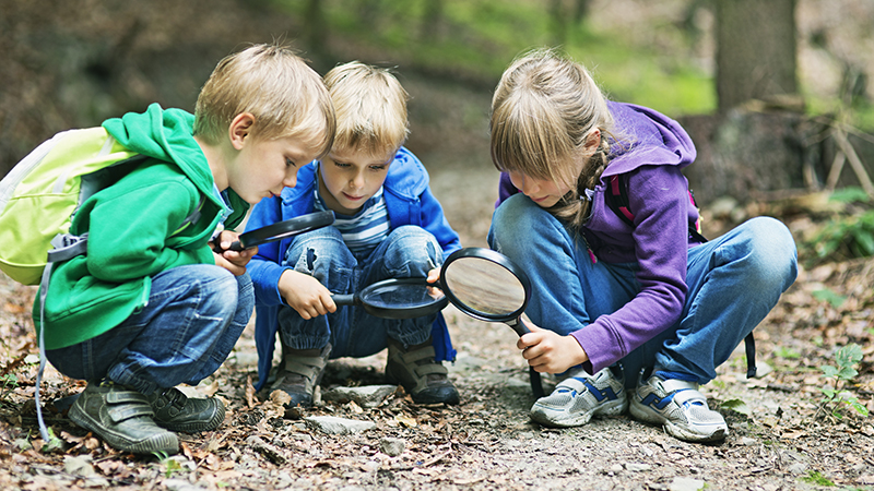 Children exploring nature with magnifying glasses
