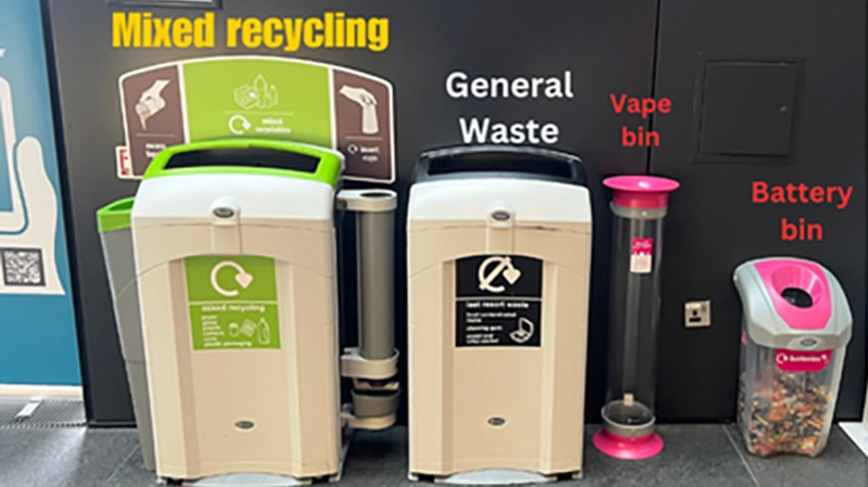 Four waste bins for recycling, general waste, vapes and batteries