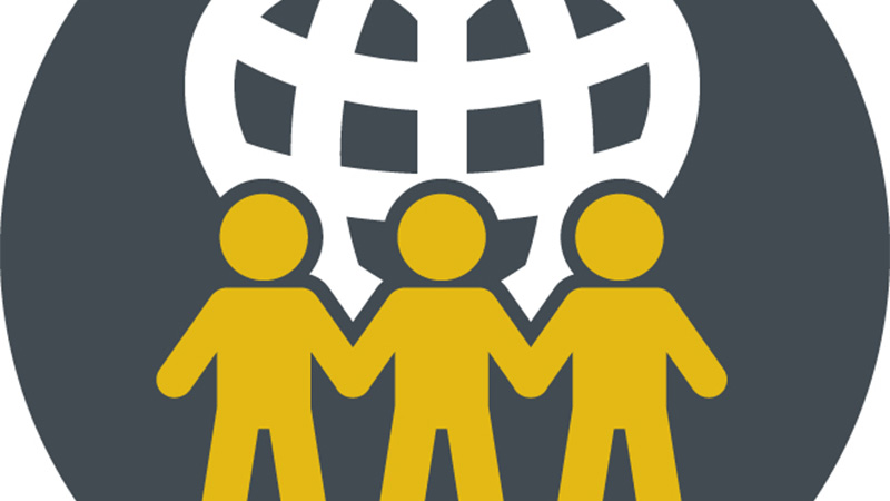 Icon of three yellow stick figures standing in front of a white heart