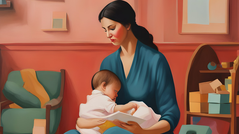 Illustration of a woman with a young child on her lap. 