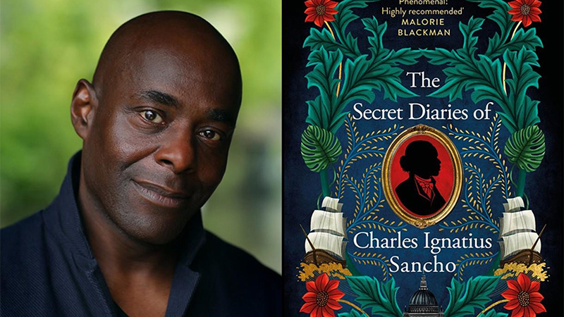 Headshot of Paterson Joseph, next to an image of the cover of his book "The Secret Diaries of Charles Ignatius Sancho"