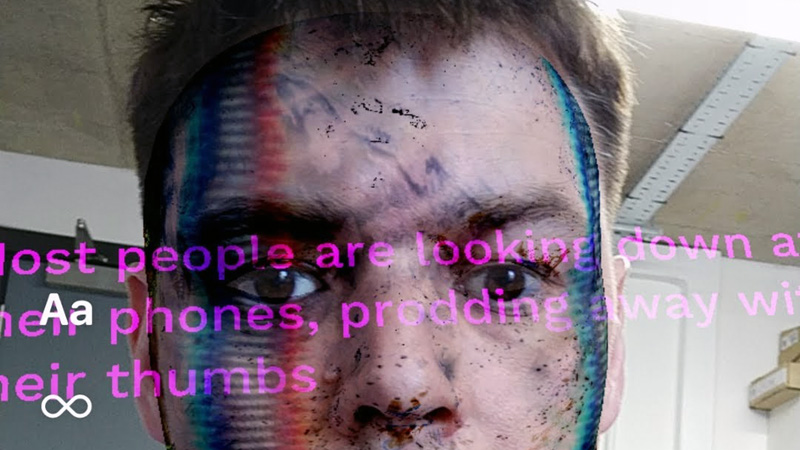 Digitised face staring at digital purple text