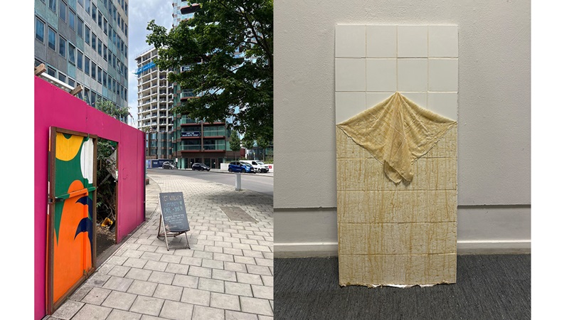 City street on left; art installation on right