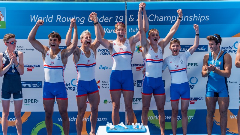 The winning Men's Coxed Fours at the U23 World Rowing Championships in Varese, Italy.