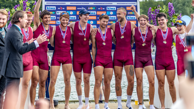 Oxford Brookes Boat Club Men’s 1st Eight, after becoming Dutch National Champions at the Koninklijke-Holland Beker regatta in Amsterdam.
