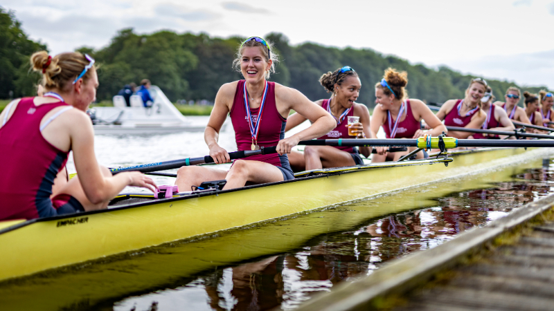 Oxford Brookes Boat Club Women’s 1st Eight after they won gold in their event in Amsterdam, breaking the 2,000m record in the process.