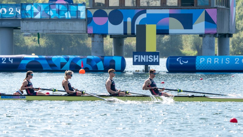 The PR3 Mixed Coxed four competing at Paris