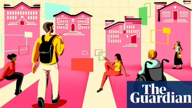 The Guardian University Guide image with pink buildings and people