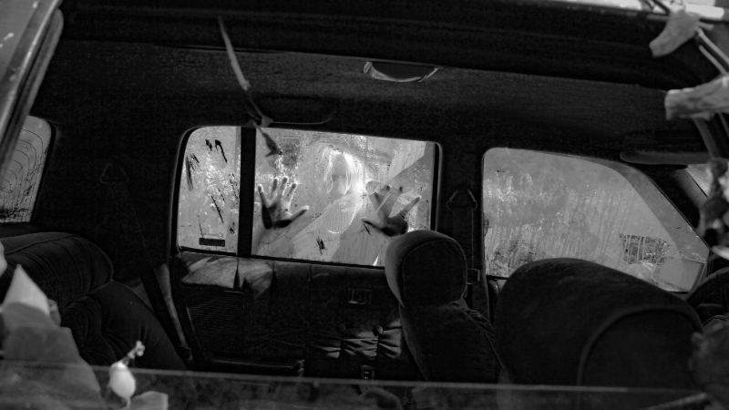 A figure peers through a car window