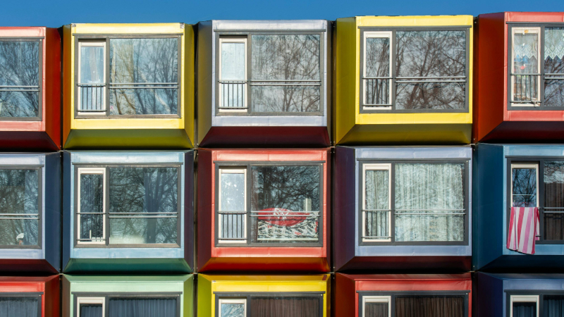 The facade of a modular apartment block