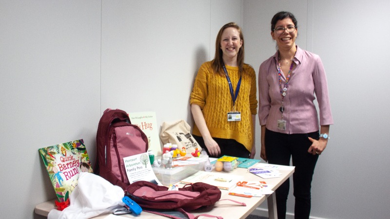 Dr Nayeli Gonzalez-Gomez, (right) and Dr Alex Hendry, with some of the colourful books and resources from the packs.