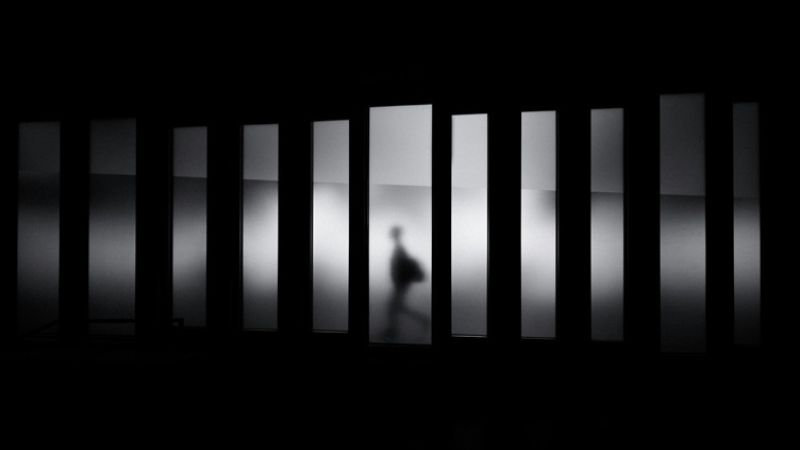 abstract image of a shadow walking through columns of white bars