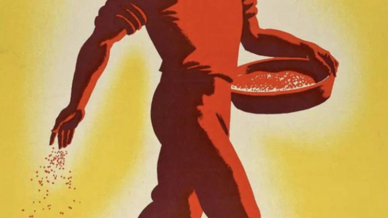 a red figure silhouette spreading seeds