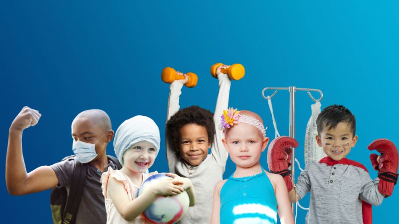 children with sport equipment and clothing with a solid blue background