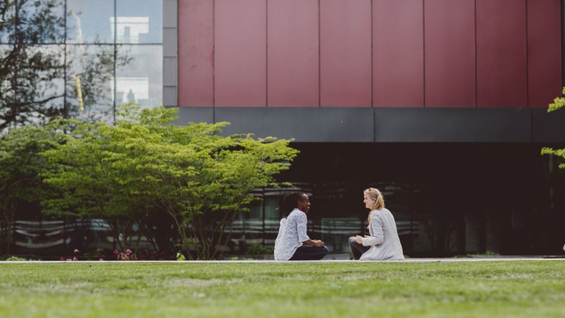 students sitting on a grassy patch at oxford brookes university headington campus