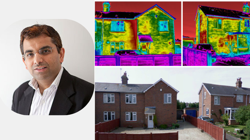 A photo of Professor Rajat Gupta is provided alongside a photo and thermal image of two houses. 