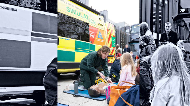 simbulance and a paramedic student demonstrating CPR to a visitor