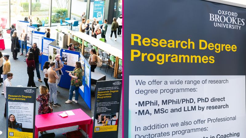 Composite image featuring photographs of attendees at the research degrees exhibition and a banner advertising research degree programmes at Oxford Brookes.