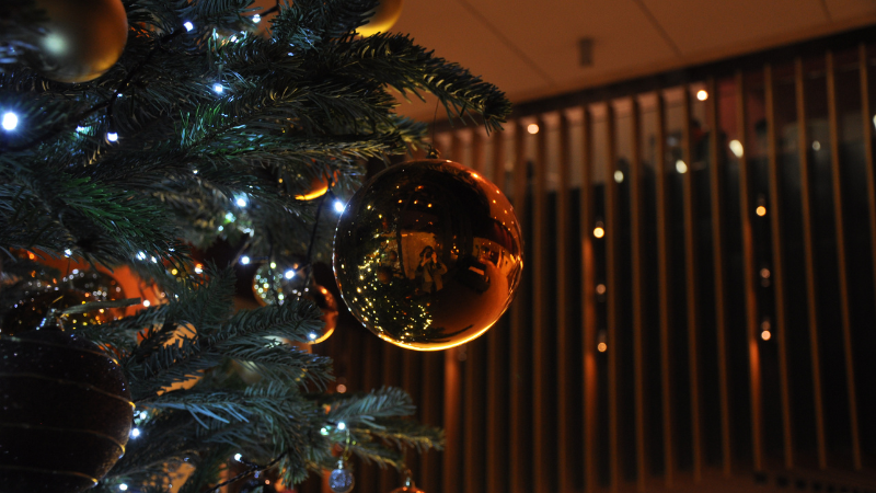 Baubles hanging on a Christmas tree.