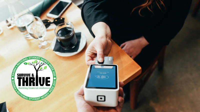 Someone paying for a coffee using a card machine, and the National Student Money Week 2025 logo.