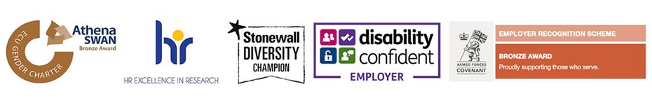 Logos for Athena Swan, HR Excellence in Research, Stonewall Diversity Champion, Disability Confident Employer, Employer Recognition Scheme